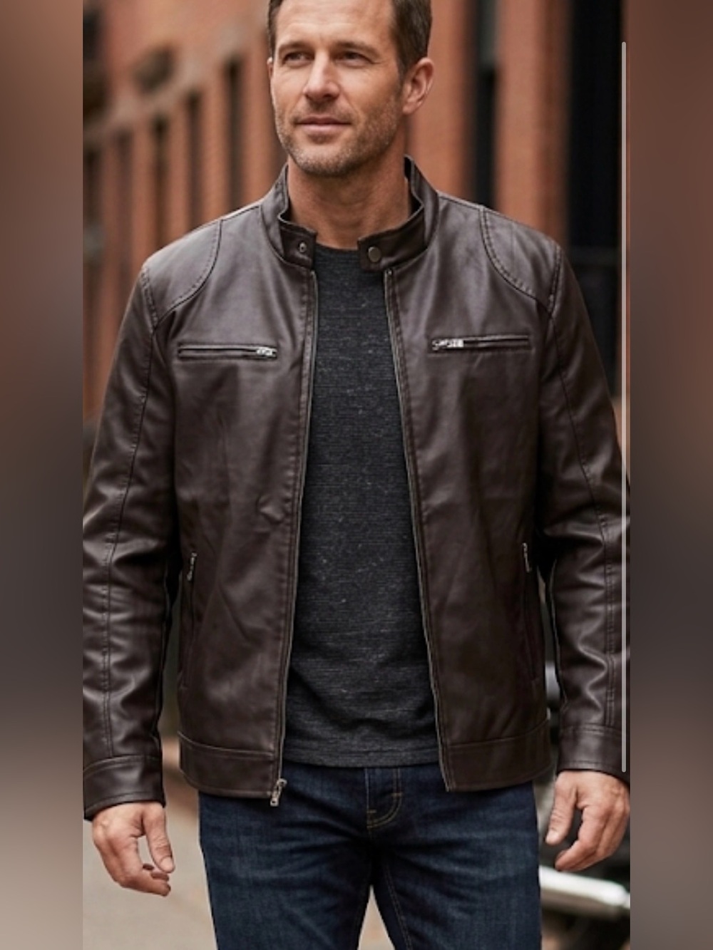 Men's Faux Leather Jacket Brown Biker Motorcycle Coat Moto Bomber Full Zip XL
